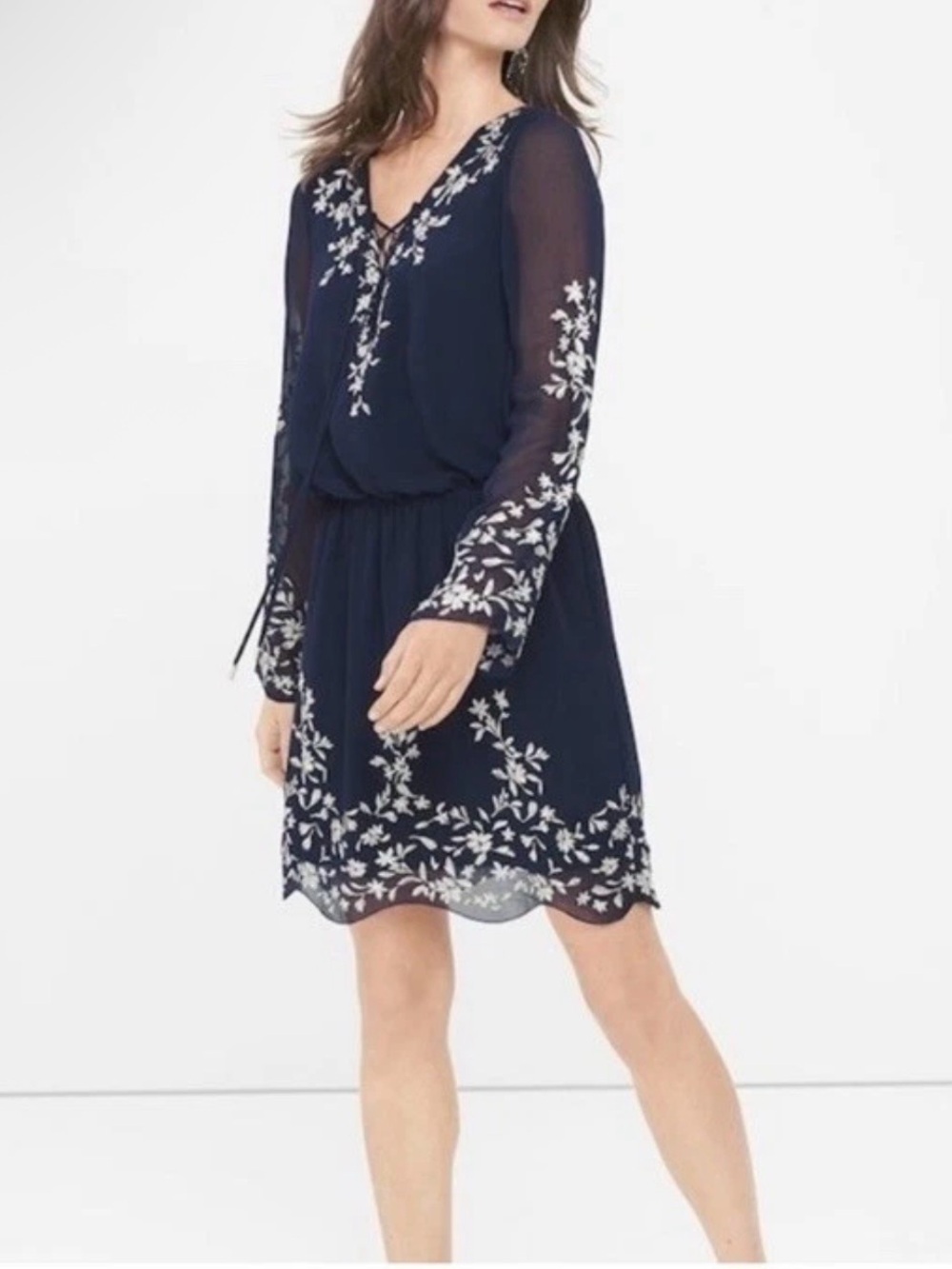 White House Black Market Floral Embroidered Lace-Up Blouson Mini Dress Size 4